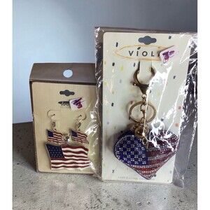 New In Package American Flag Earrings And Pendant Plus Rhinestone Heart Keychain